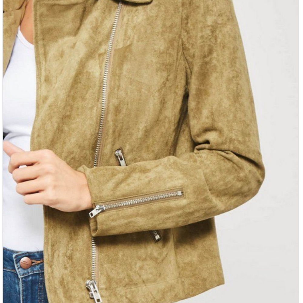 Faux Suede Moto Jacket in Olive Front Zippered - Picture 3 of 8